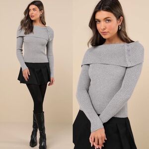 Lulus Chic Outcome Heather Grey Ribbed Knit Collared Sweater Top Sz XS BNWT